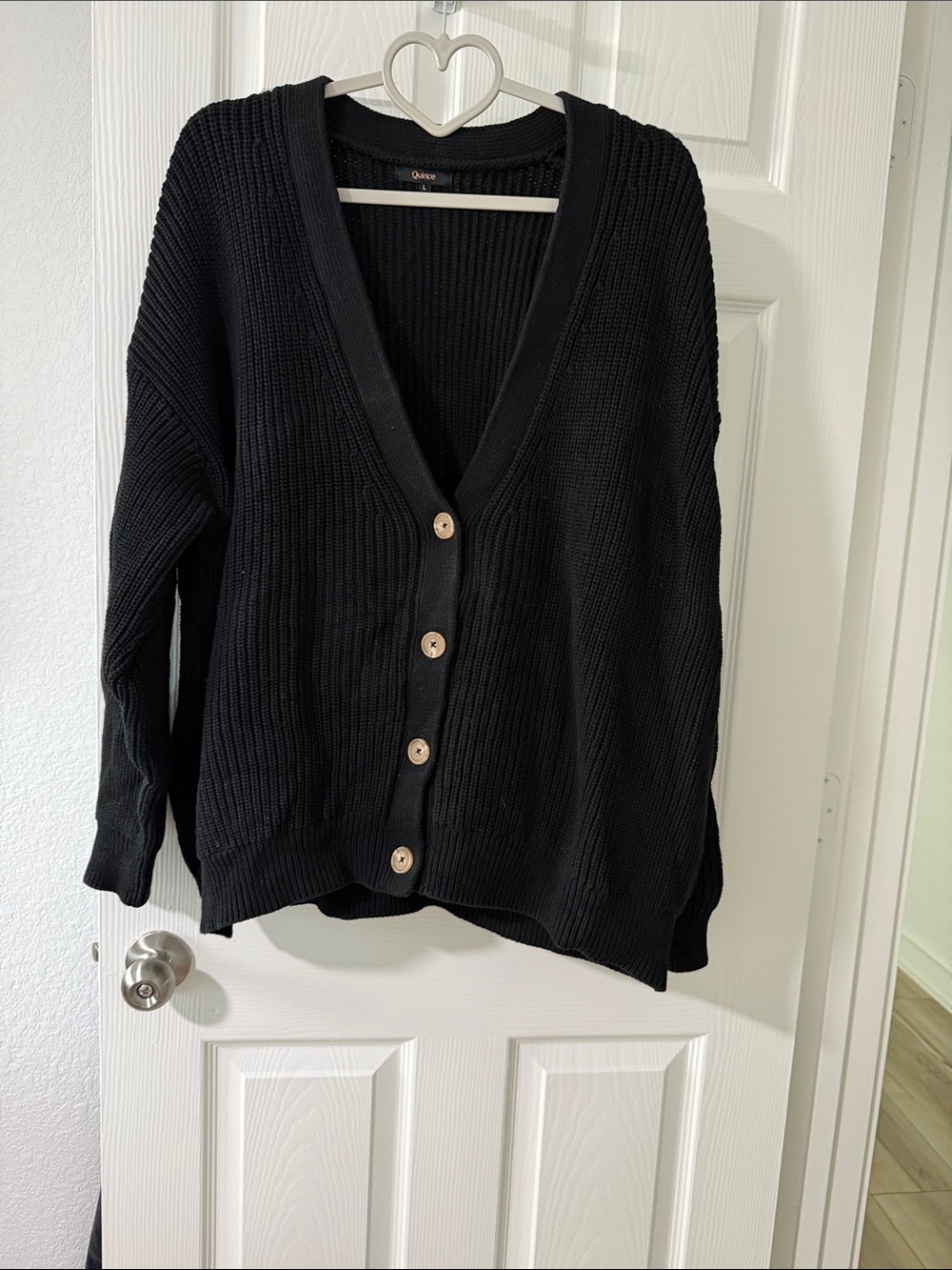 Quince Black Ribbed V-Neck Button-Up Cardigan